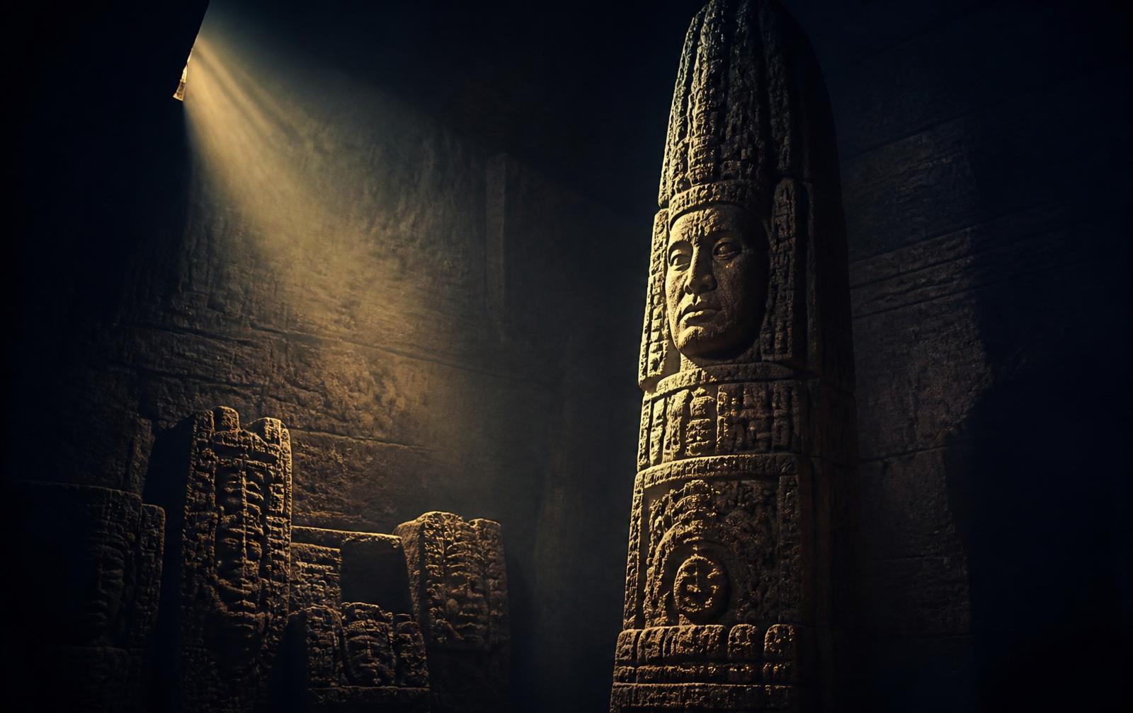 Carved ancient stone monolith lit by a single shaft of light in a dark chamber