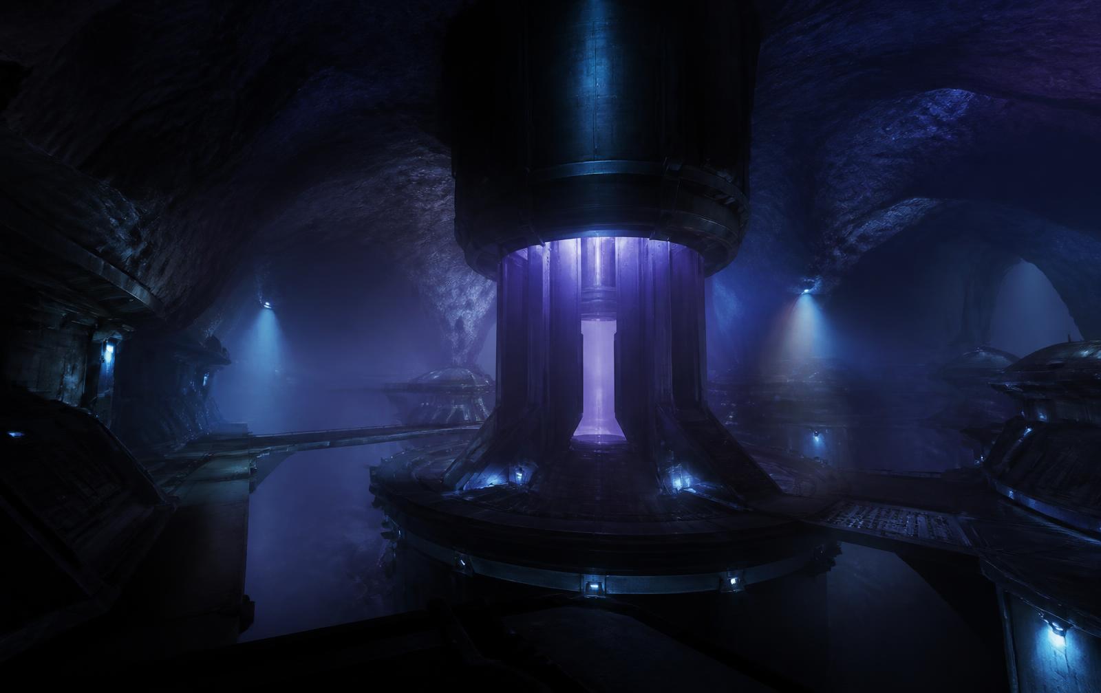 Dark subterranean facility with a glowing violet core reactor and volumetric fog